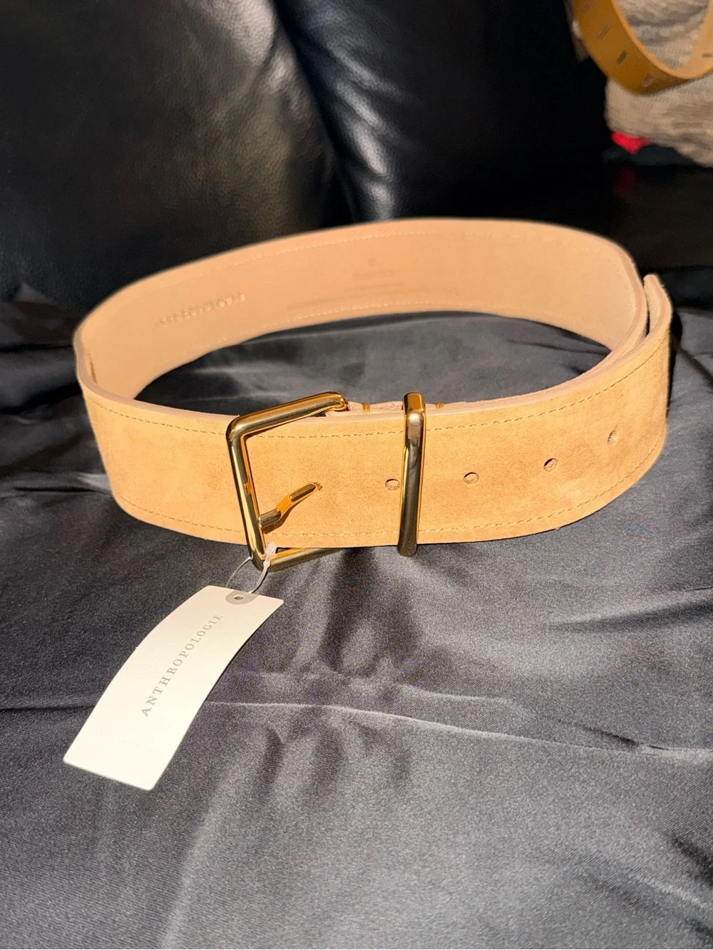 Anthropologie Khaki Tan Suede Belt with Gold Buckle 100% Premium Genuine Leather
